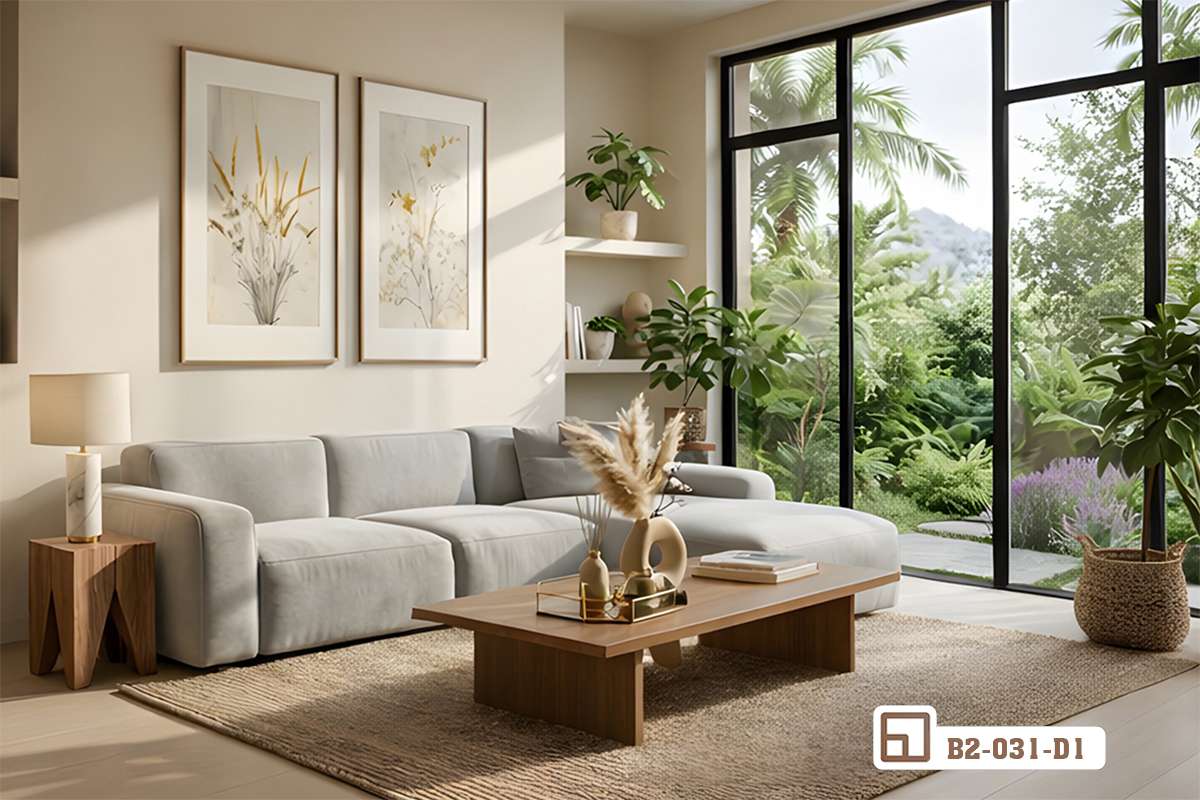 tranh hoa cỏ đồng quê đặt tại vị trí đón trọn ánh sáng tự nhiên hướng ra vườn cây Bộ tranh hoa cỏ đồng quê đặt tại vị trí đón trọn ánh sáng rực rỡ từ khung cửa kính lớn hướng ra khu vườn rợp bóng cây xanh