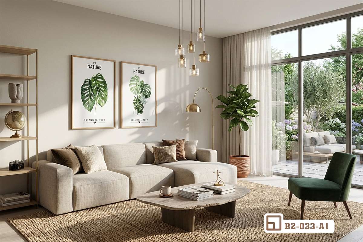 tranh nghệ thuật đặt trên tường phòng khách cạnh bộ ghế sofa vải be Hai bức tranh lá cây nhiệt đới được bố trí trang nhã trong phòng khách hiện đại cạnh bộ sofa màu be êm ái