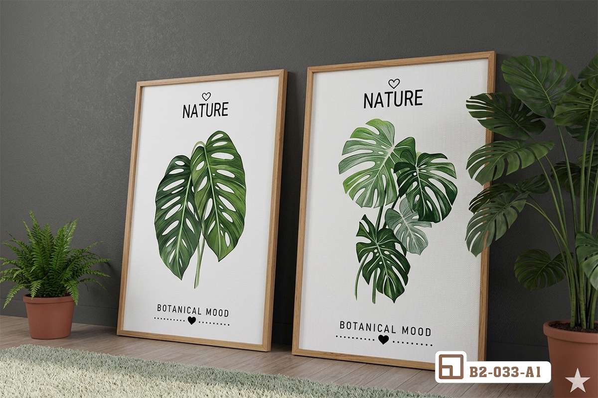 tranh canvas lá cây tựa trên sàn nhà cạnh chậu cây xanh mướt Bộ tranh lá cây nhiệt đới chất liệu canvas dựng vững chãi trên sàn nhà bên cạnh chậu cây cảnh xanh mát