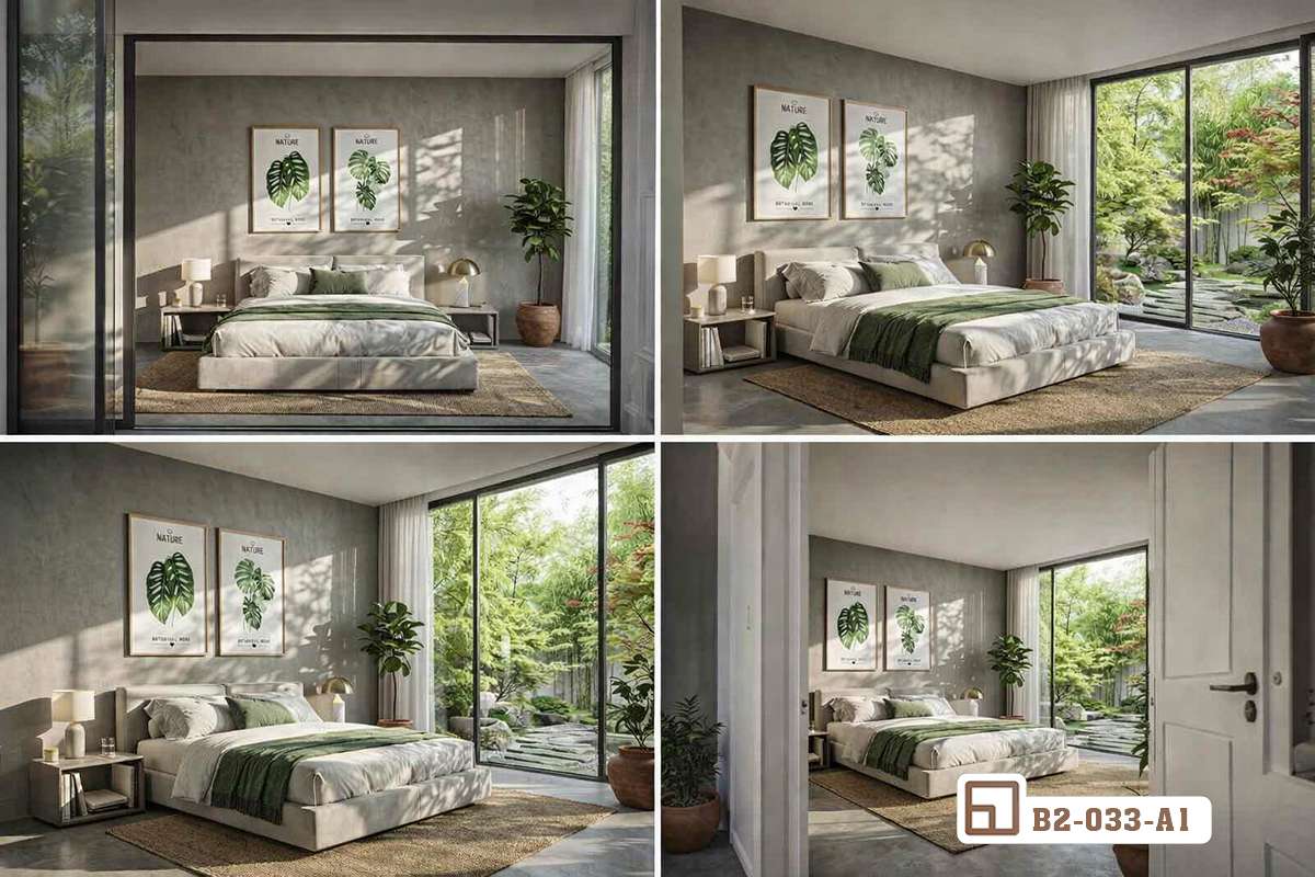 tổng hợp các góc phối cảnh phòng ngủ trang trí tranh lá cây đẹp mắt Bốn góc chụp chi tiết không gian phòng ngủ kết hợp tranh lá cây nhiệt đới mang lại vẻ đẹp thanh bình