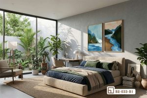 Tranh sơn thủy hữu tình - Tôn vinh vẻ đẹp hùng vĩ và nên thơ của non nước, mang tài lộc và vượng khí vào nhà bạn. B2 033 B1 m2 bo tranh son thuy huu tinh treo phong ngu master sang trong am cung xuongtranhcanvas