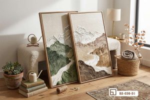 B2 036 D1 m1 tranh nui non hung vi khung go mong dua tuong phong khach hien dai xuongtranhcanvas