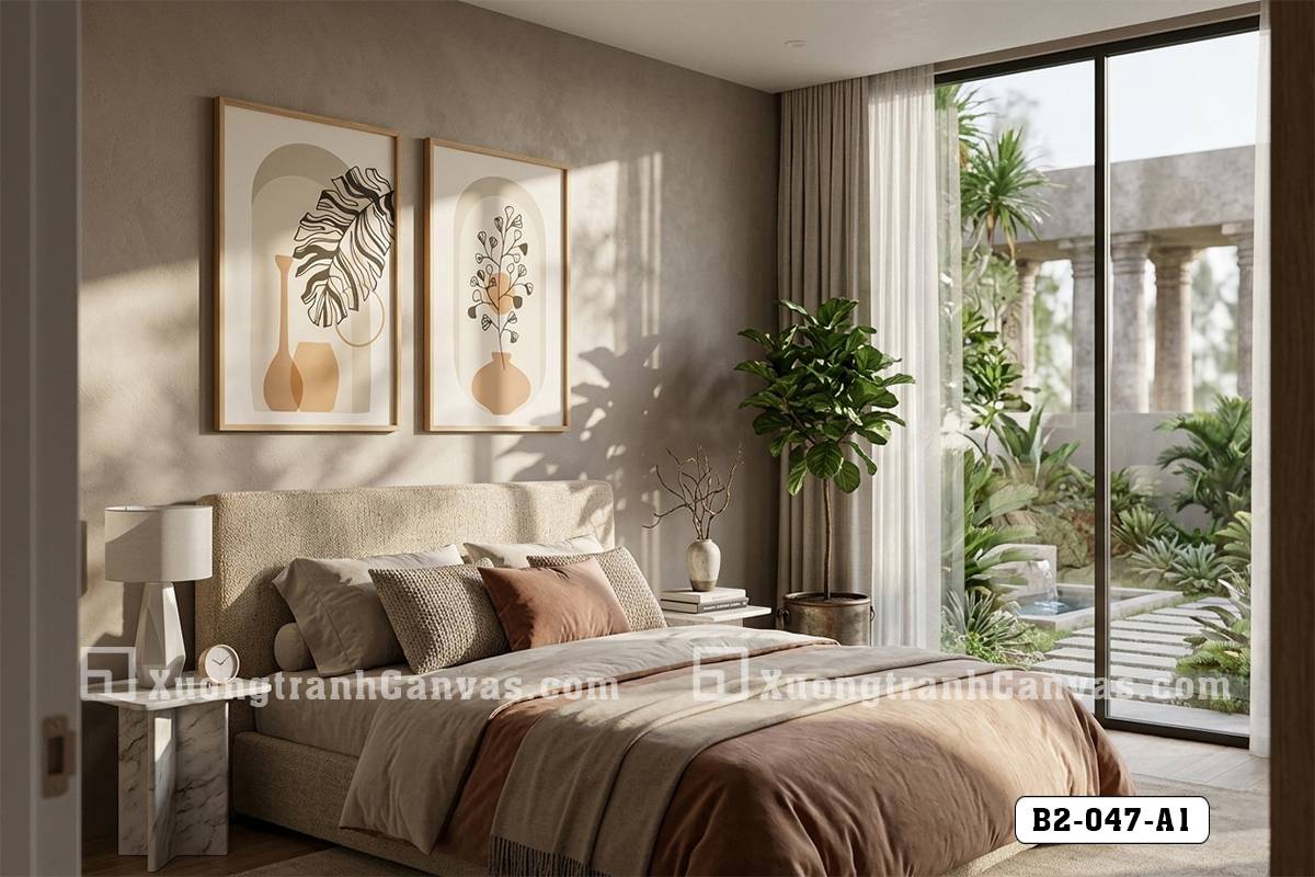 Tranh Canvas Tĩnh Vật Boho Hiện Đại-Nghệ Thuật Decor Lá Và Bình Gốm Mã-B2-047-A1 Tranh Canvas Tĩnh Vật Boho Hiện Đại-Nghệ Thuật Decor Lá Và Bình Gốm