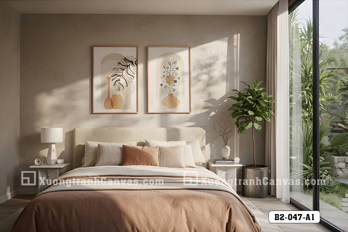 Tranh Canvas Tĩnh Vật Boho Hiện Đại-Nghệ Thuật Decor Lá Và Bình Gốm Mã-B2-047-A1 Tranh Canvas Tĩnh Vật Boho Hiện Đại-Nghệ Thuật Decor Lá Và Bình Gốm