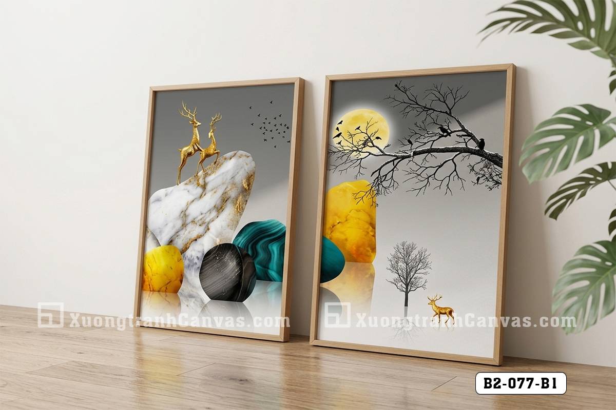Tranh Canvas Hươu Vàng Và Đá Phong Thủy Tông Xám Vàng Hiện Đại Mã-B2-077-B1 Tranh Canvas Hươu Vàng Và Đá Phong Thủy Tông Xám Vàng Hiện Đại