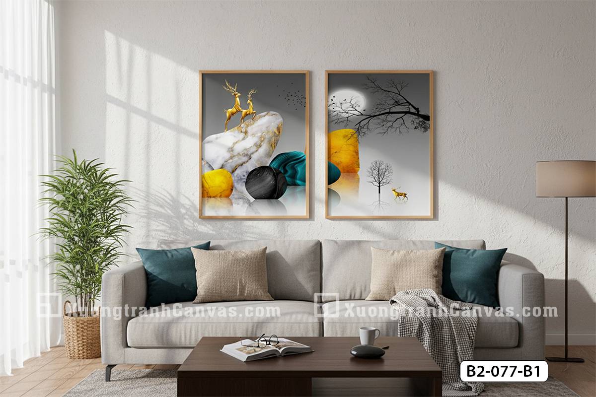 Tranh Canvas Hươu Vàng Và Đá Phong Thủy Tông Xám Vàng Hiện Đại Mã-B2-077-B1 Tranh Canvas Hươu Vàng Và Đá Phong Thủy Tông Xám Vàng Hiện Đại