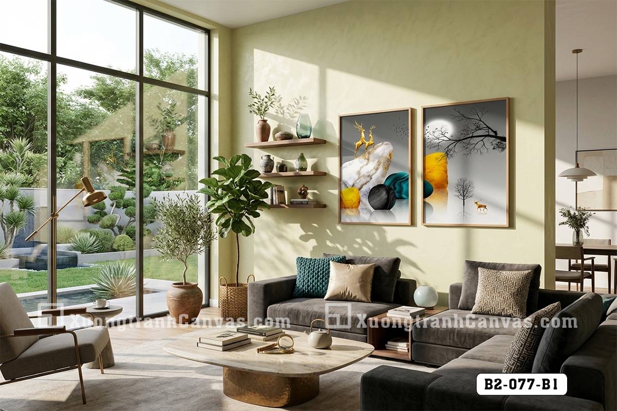 Tranh Canvas Hươu Vàng Và Đá Phong Thủy Tông Xám Vàng Hiện Đại Mã-B2-077-B1 Tranh Canvas Hươu Vàng Và Đá Phong Thủy Tông Xám Vàng Hiện Đại