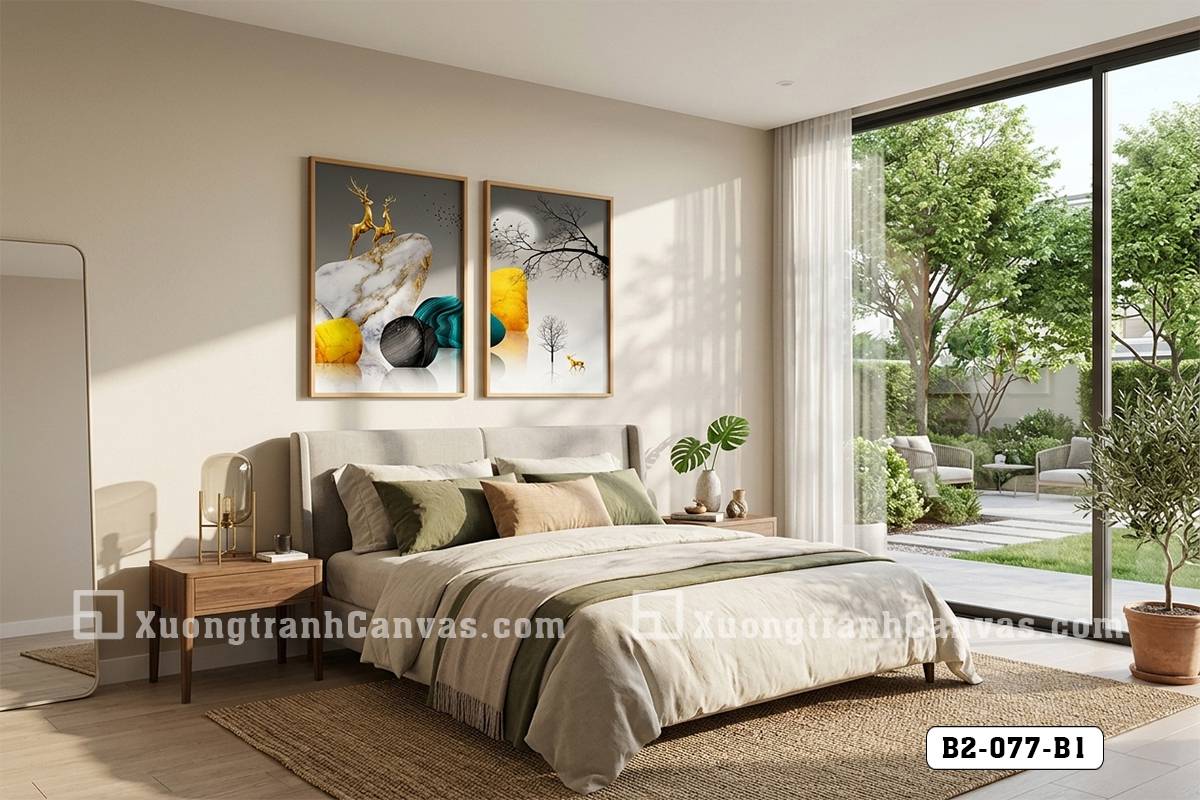 Tranh Canvas Hươu Vàng Và Đá Phong Thủy Tông Xám Vàng Hiện Đại Mã-B2-077-B1 Tranh Canvas Hươu Vàng Và Đá Phong Thủy Tông Xám Vàng Hiện Đại