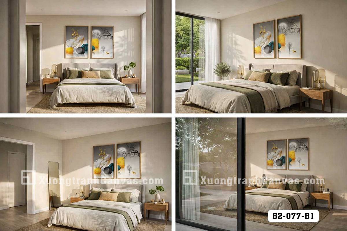 Tranh Canvas Hươu Vàng Và Đá Phong Thủy Tông Xám Vàng Hiện Đại Mã-B2-077-B1 Tranh Canvas Hươu Vàng Và Đá Phong Thủy Tông Xám Vàng Hiện Đại
