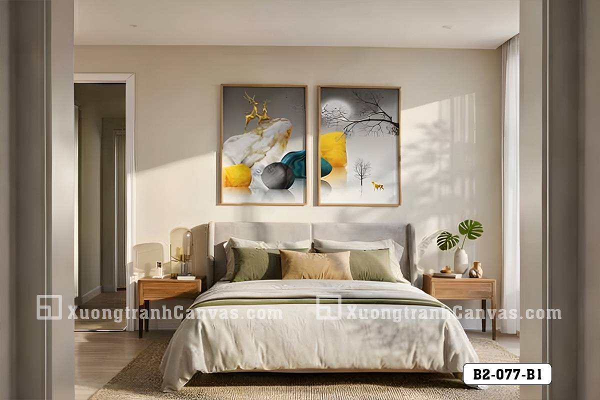 Tranh Canvas Hươu Vàng Và Đá Phong Thủy Tông Xám Vàng Hiện Đại Mã-B2-077-B1 Tranh Canvas Hươu Vàng Và Đá Phong Thủy Tông Xám Vàng Hiện Đại