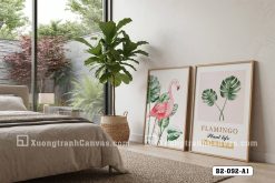 B2 092 A1 Tranh Canvas Chim Hồng Hạc Tropical Hồng Xanh Phong Cách Hiện Đại m2