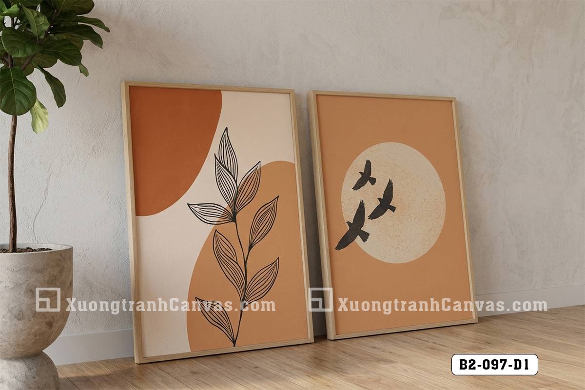 Tranh Canvas Cành Lá Trừu Tượng Tông Cam Đất Boho Vintage Mã-B2-097-D1 Tranh Canvas Cành Lá Trừu Tượng Tông Cam Đất Boho Vintage