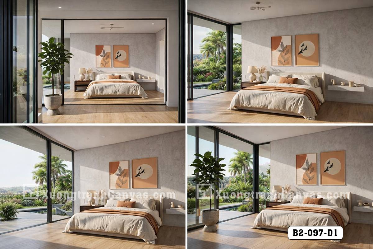 Tranh Canvas Cành Lá Trừu Tượng Tông Cam Đất Boho Vintage Mã-B2-097-D1 Tranh Canvas Cành Lá Trừu Tượng Tông Cam Đất Boho Vintage