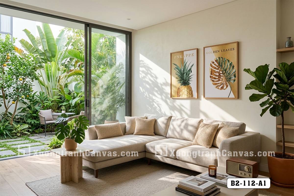 Tranh Canvas Tropical Gold Sang Trọng Tông Vàng Kim Hiện Đại Mã-B2-112-A1 Tranh Canvas Tropical Gold Sang Trọng Tông Vàng Kim Hiện Đại