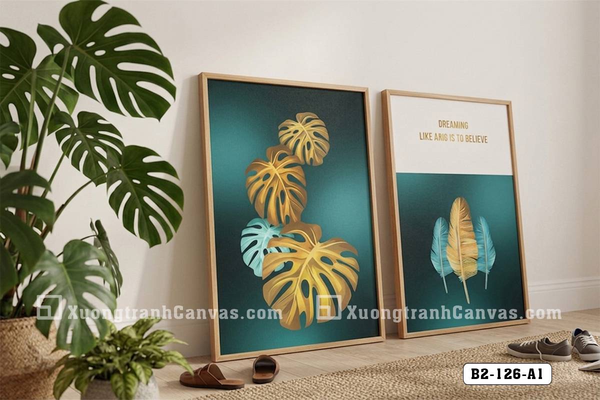 Tranh Canvas Lá Xẻ Rùa Vàng Gold Tông Xanh Ngọc Đẳng Cấp Thượng Lưu Mã-B2-126-A1 Tranh Canvas Lá Xẻ Rùa Vàng Gold Tông Xanh Ngọc Đẳng Cấp Thượng Lưu