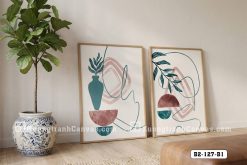 B2 127 B1 Tranh Canvas Bình Hoa Và Lá Trừu Tượng Tông Xanh Hồng Pastel Scandinavia m1