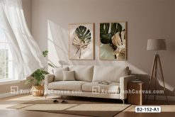 B2 152 A1 Tranh Canvas Lá Monstera Tông Xanh Vàng Kem Hiện Đại m1