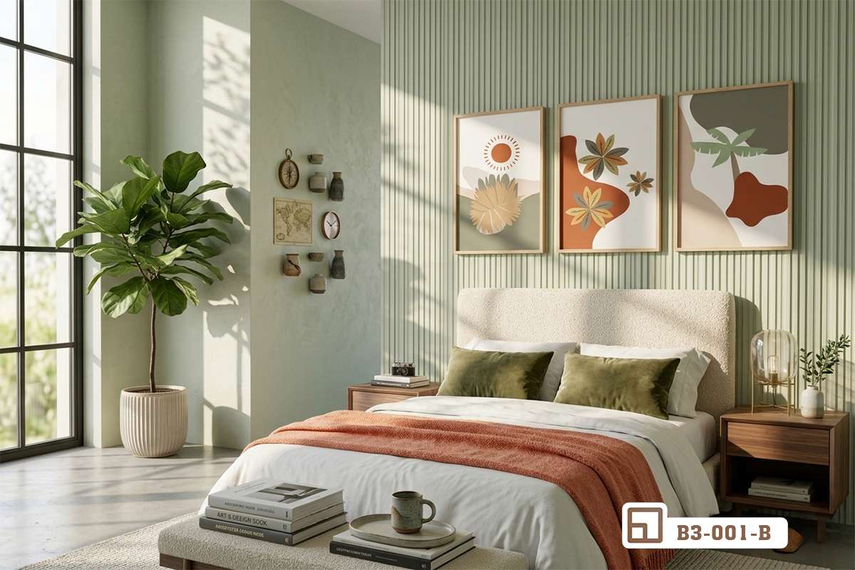 tranh lá cây nhiệt đới phòng ngủ sang trọng cao cấp Không gian phòng ngủ ấm áp với giường bọc nệm sáng màu trang trí bộ tranh lá cây nhiệt đới hiện đại đầu giường tạo chiều sâu