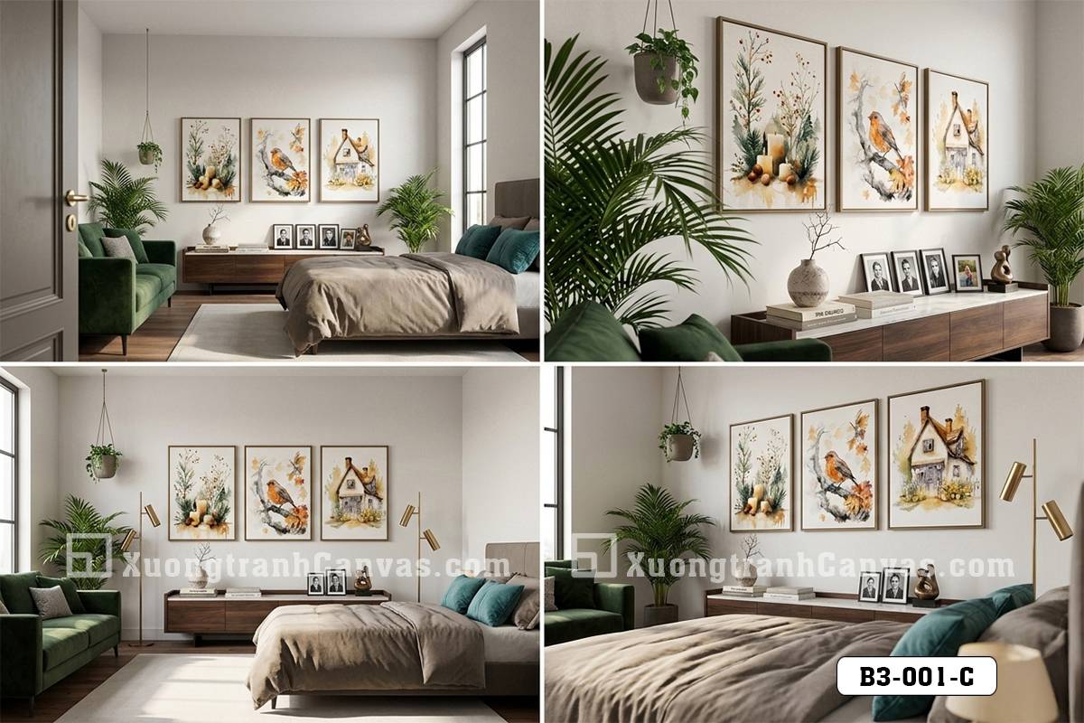 Tranh Canvas Màu Nước Đồng Quê Tông Kem Nâu Vintage Cho Phòng Khách