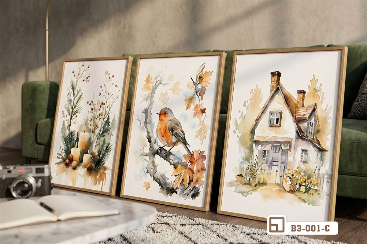 tranh tĩnh vật mùa thu tựa góc tường phong khách mộc mạc Bộ ba tranh tĩnh vật mùa thu màu nước mộc mạc đặt tựa sát góc tường phòng khách đón ánh sáng tự nhiên ấm áp.
