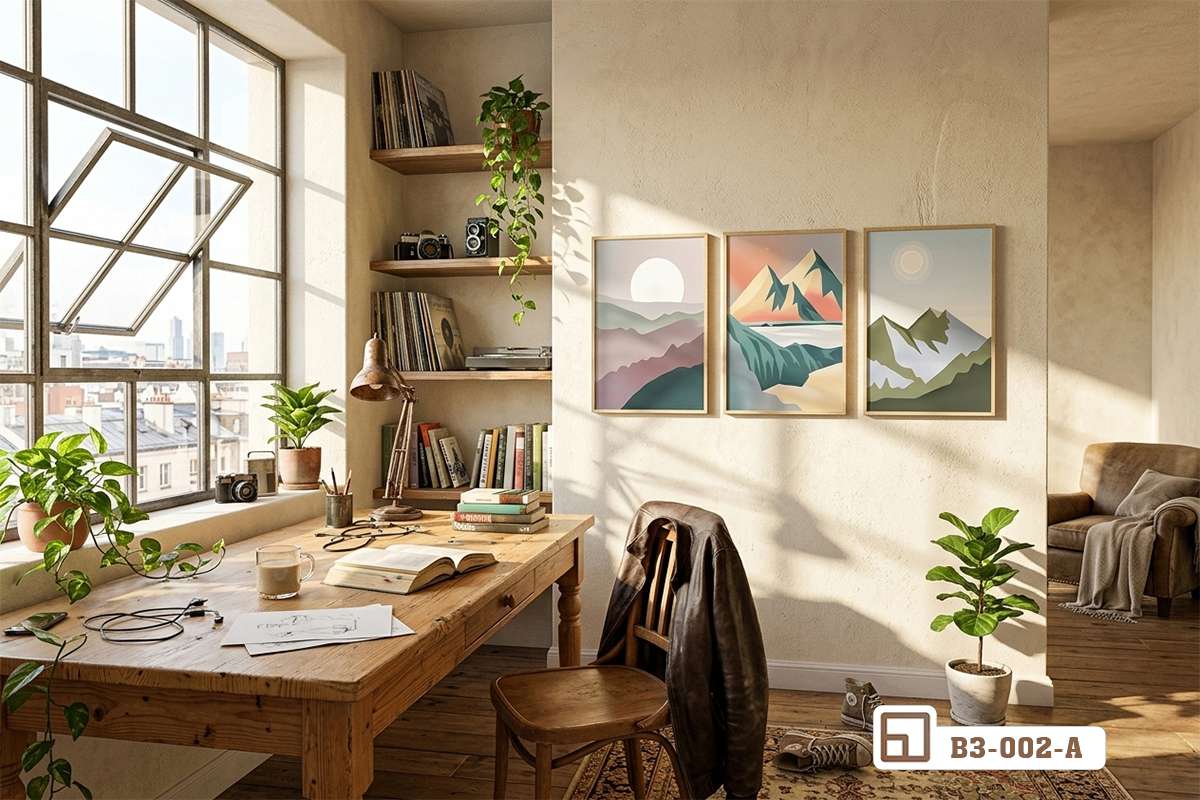 bo tranh phong cảnh hoàng hôn goc lam viec go am cung tinh te Bộ tranh phong cảnh hoàng hôn góc làm việc gỗ ấm cúng tinh tế gần cửa sổ lớn