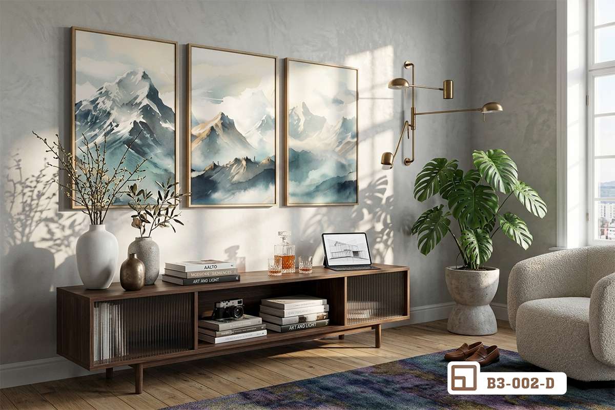 bộ ba tranh ngọn núi tuyết treo tường phía trên kệ tủ gỗ phòng khách hiện đại Bộ ba tranh canvas ngọn núi tuyết treo phía trên kệ tủ gỗ dài trong phòng khách hiện đại sang trọng