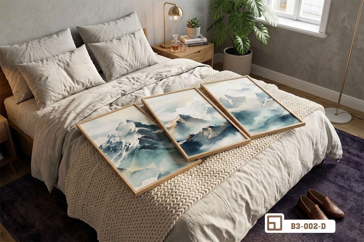 bộ tranh ngọn núi tuyết treo tường cạnh chậu cây xanh trong phòng khách tối giản Bộ tranh canvas ngọn núi tuyết treo trang trí trên mảng tường sáng màu kết hợp cây xanh sinh động
