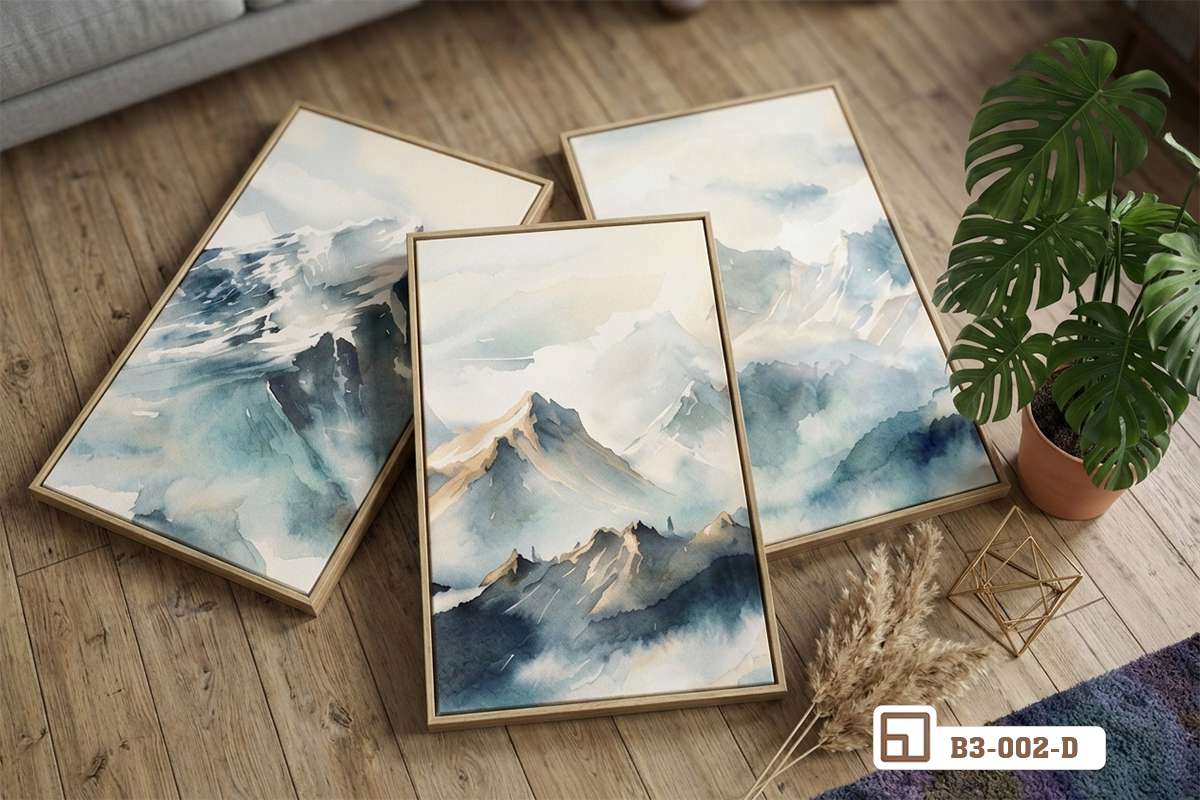 tranh ngọn núi tuyết đặt sát sàn nhà trên nền gỗ sồi phong cách nghệ thuật độc đáo Bộ tranh ngọn núi tuyết khung gỗ đặt ngẫu hứng trực tiếp trên sàn nhà gỗ sồi ấm áp tự nhiên