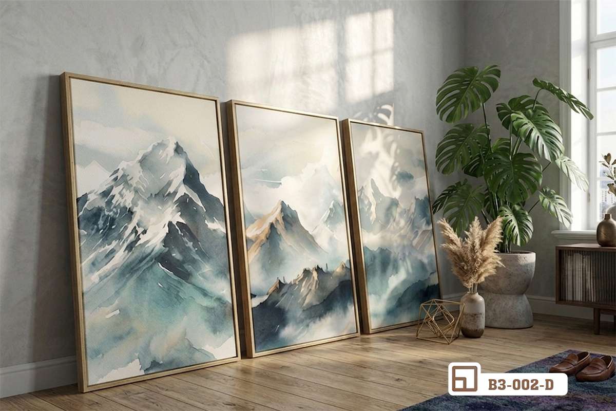 bộ ba tranh ngọn núi tuyết tựa tường phòng khách rộng mở ngập tràn ánh sáng Bộ ba tranh ngọn núi tuyết kích thước lớn tựa sát vào bức tường phòng khách rộng rãi thoáng đãng