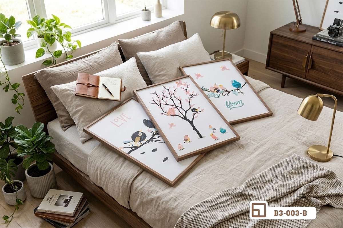 tranh đôi chim trên cành cây bày trí nghệ thuật trên giường Ba bức tranh canvas hình đôi chim trên cành cây được xếp gọn gàng trên chiếc giường ngủ bọc nệm êm ái cùng chậu cây xanh trang trí bên cạnh.