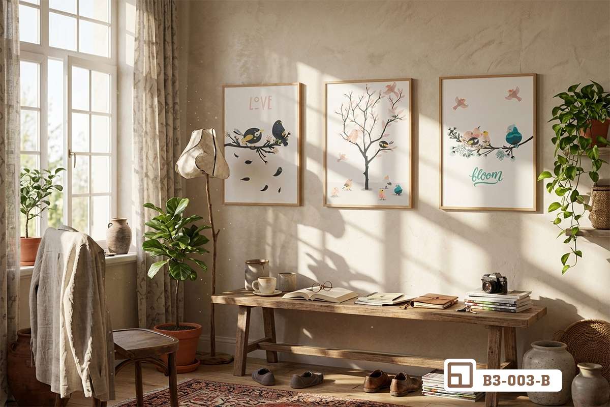 tranh đôi chim trên cành cây treo tường khu vực ăn uống Tác phẩm tranh đôi chim trên cành cây treo nổi bật trên mảng tường khu vực bàn ăn ấm cúng gần khung cửa sổ lớn hướng ra ngoài trời.