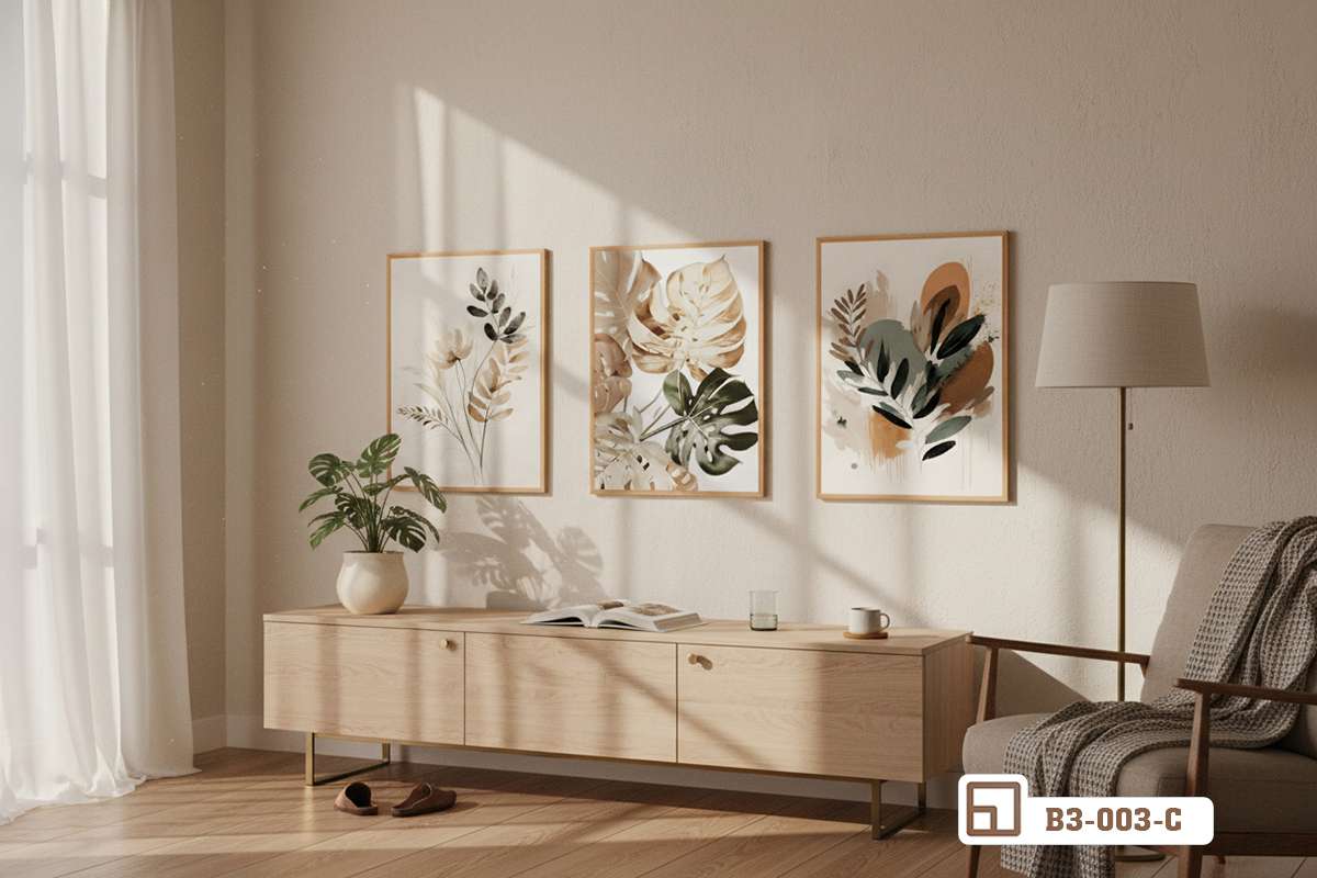 tranh la cay nhiet doi cao cap trang tri hanh lang phong khach Bộ tranh lá cây nhiệt đới cao cấp trang trí hành lang kết hợp phòng khách căn hộ hiện đại