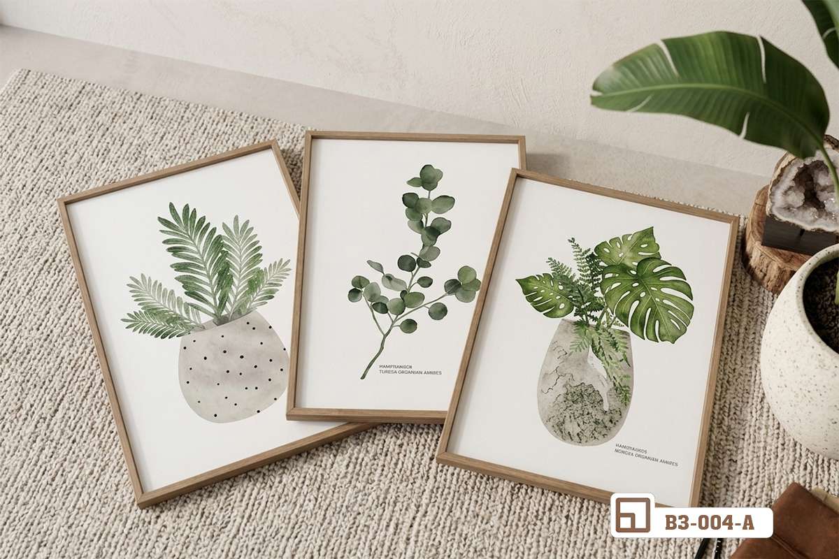 bộ ba tranh lá cây tối giản đặt tựa sàn phòng khách hiện đại Bộ ba tranh lá cây tối giản đặt tựa sàn trên nền thảm sáng màu trong không gian phòng khách hiện đại tràn ngập ánh sáng tự nhiên