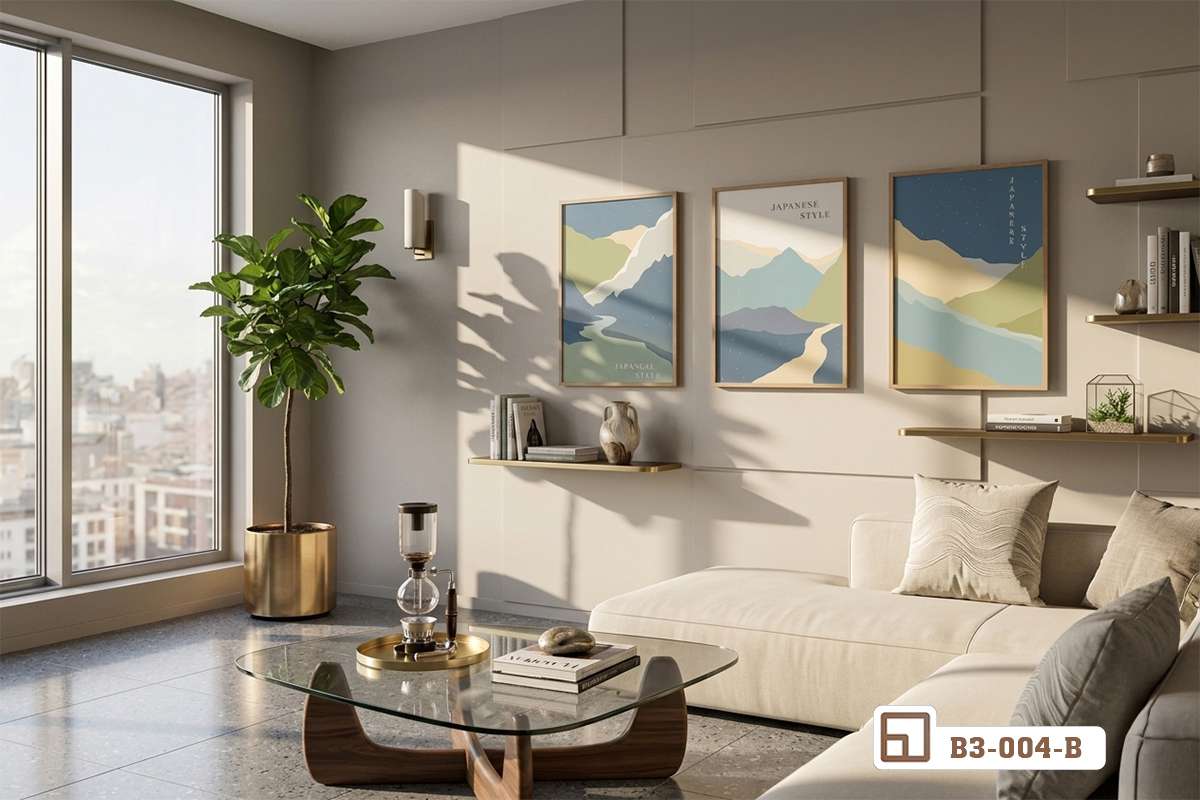 bộ tranh phong cảnh núi non phòng khoáng cho phòng sinh hoạt Bộ ba tranh phong cảnh núi non bố trí phóng khoáng và cân xứng bên trong không gian phòng sinh hoạt chung cao cấp
