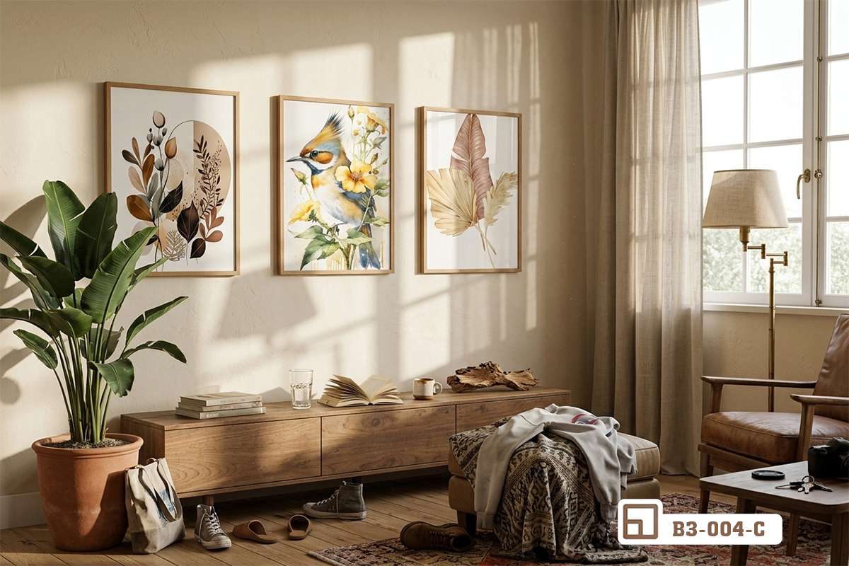 bộ tranh chim và hoa lá treo tường phòng khách cạnh ghế dài Bộ tranh chim và hoa lá ba tấm treo trang trí trên bức tường màu be cạnh băng ghế dài phòng khách