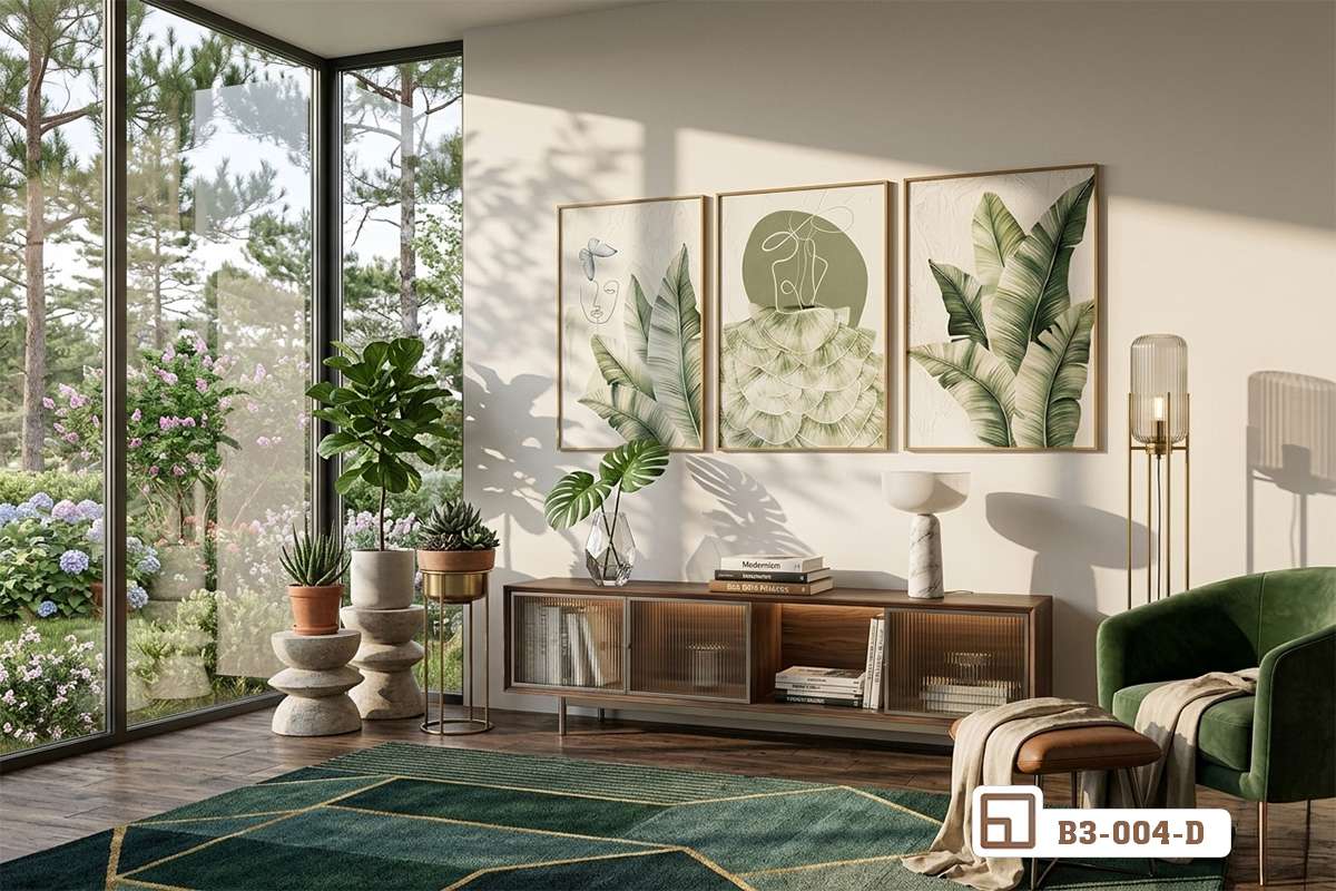 set tranh lá chuối xanh mát phối màu thảm lông xanh ngọc Bộ tranh lá chuối xanh mát kết hợp hài hòa cùng thảm lông màu xanh ngọc sang trọng dưới sàn nhà