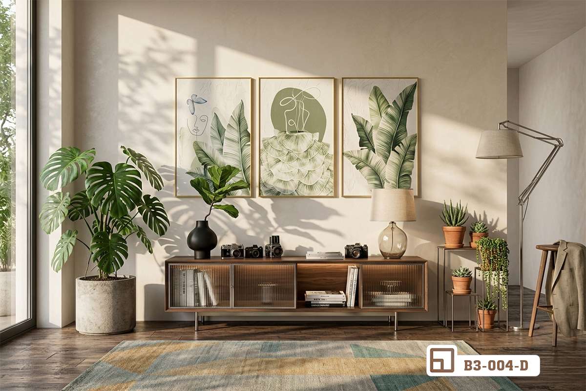 bộ tranh lá chuối xanh mát góc nhìn không gian mở rộng Góc nhìn toàn cảnh không gian phòng khách mở rộng với bộ tranh lá chuối xanh mát tinh tế