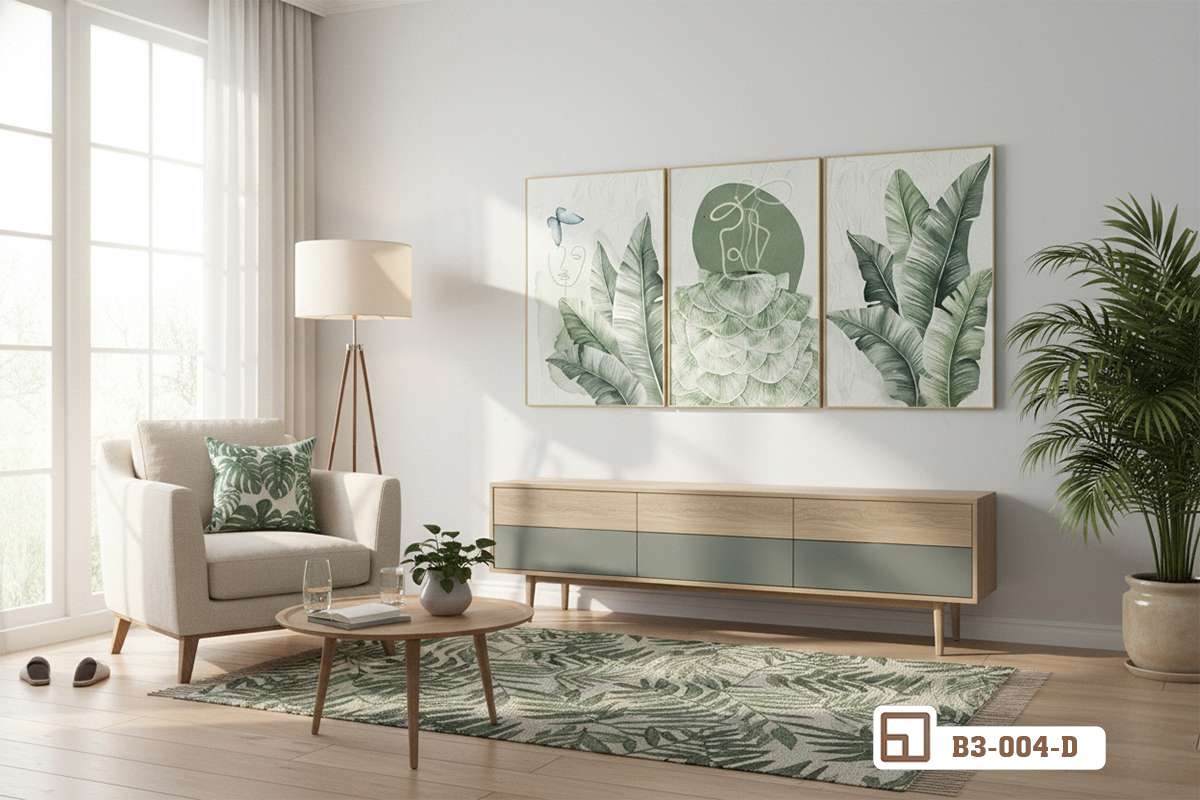 tranh lá chuối xanh mát ánh sáng vàng dịu nhẹ phòng khách Tranh lá chuối xanh mát dưới ánh đèn vàng dịu nhẹ tạo cảm giác ấm cúng cho phòng khách gia đình