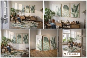 Tranh lá chuối xanh mát - Dấu ấn thiên nhiên trọn vẹn từng khoảnh khắc B3 004 D m8 tong hop khong gian trung bay tranh la chuoi xanh mat cao cap xuongtranhcanvas