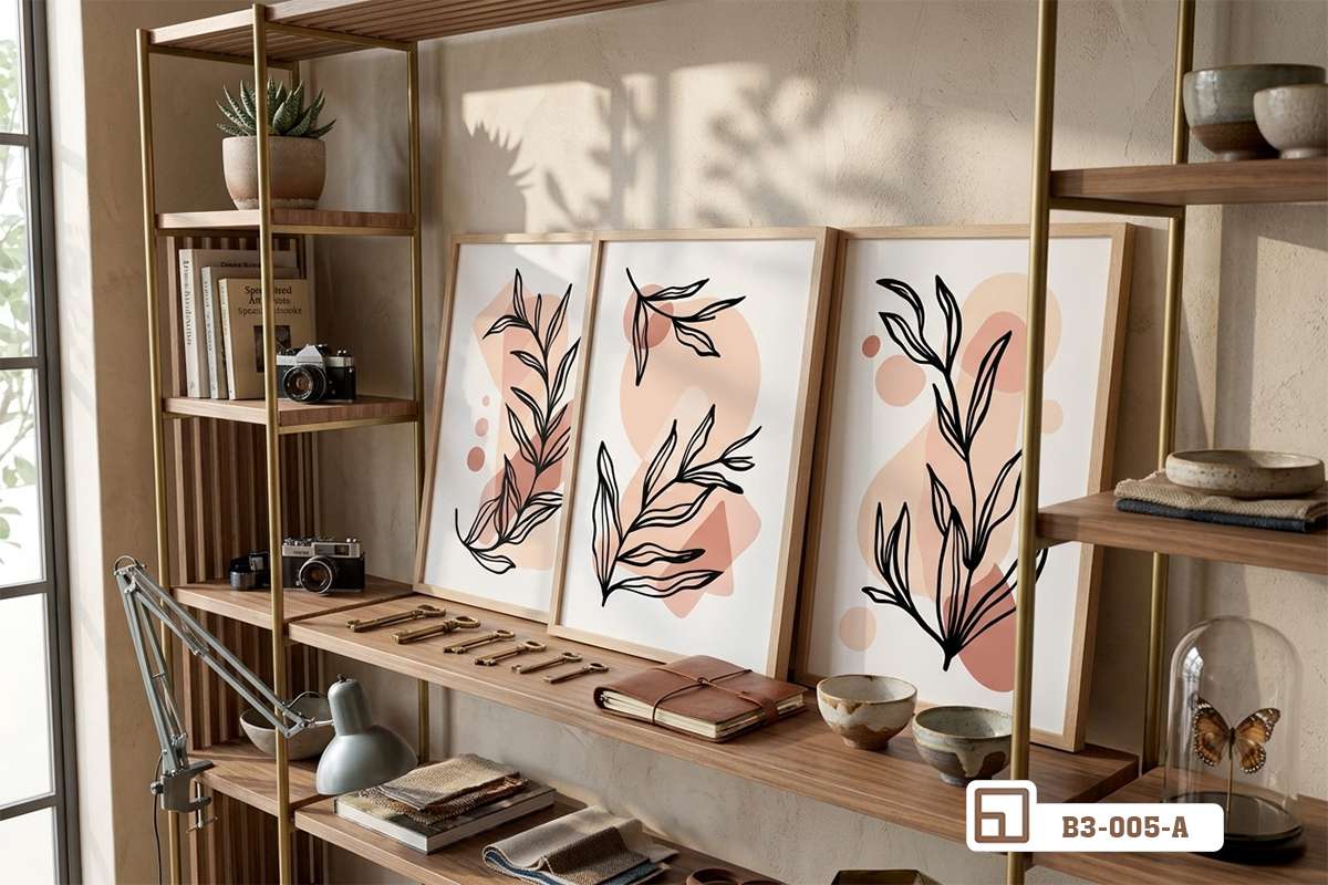 bộ ba tranh cành lá cách điệu trưng bày trên kệ gỗ phòng làm việc Bộ ba tranh cành lá cách điệu đặt gọn gàng trên kệ gỗ trang trí phòng làm việc sang trọng
