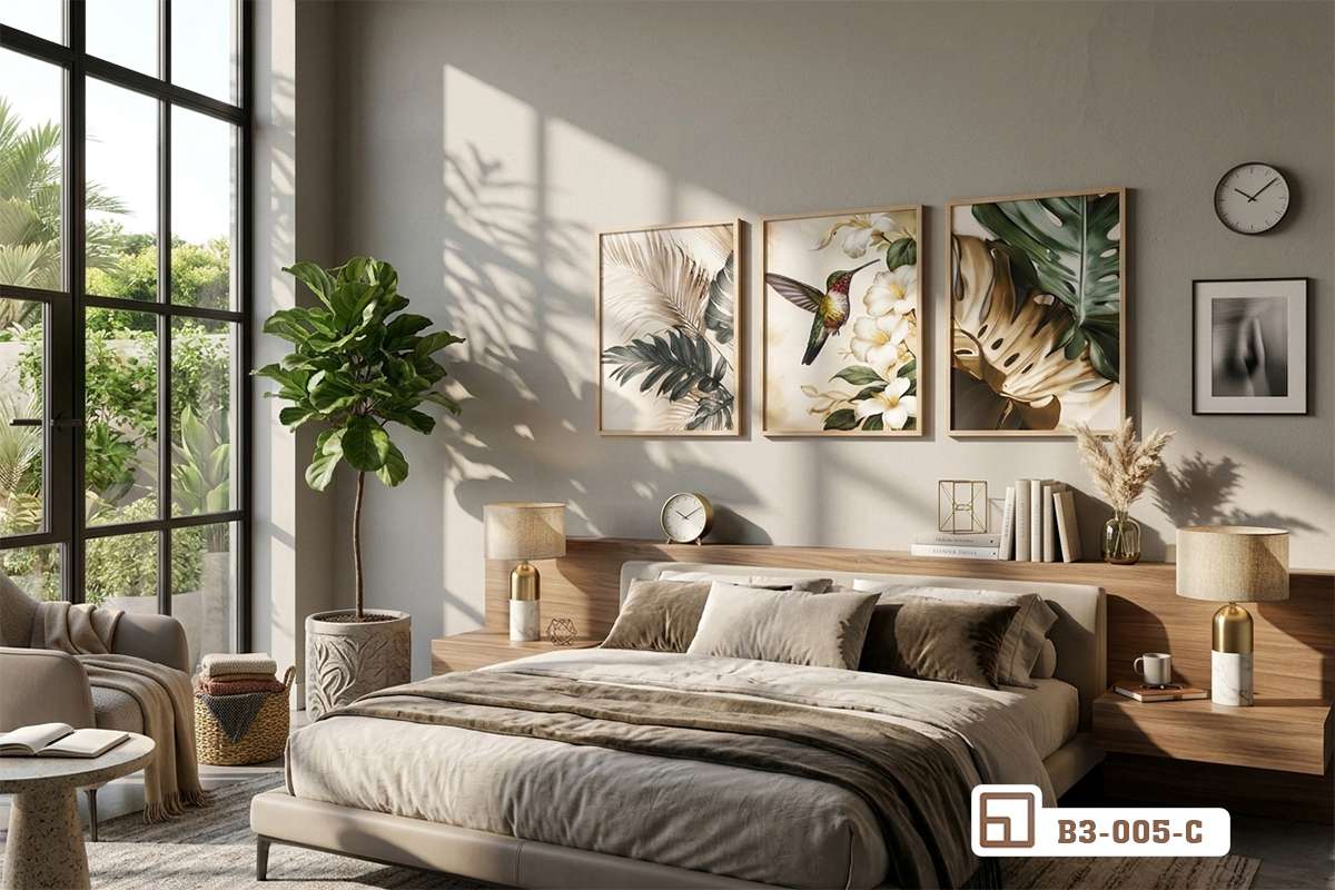 tranh lá cây nghệ thuật phối cảnh không gian phòng ngủ cao cấp hiện đại tranh lá cây nghệ thuật treo tường vách đầu giường ngủ ánh sáng tự nhiên ấm áp