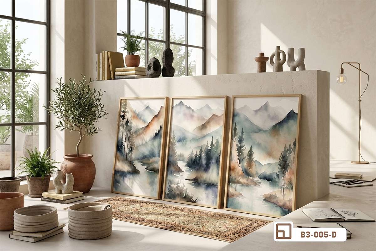 bộ tranh phong cảnh núi rừng tựa nhẹ nhàng xuống sàn nhà phòng khách Mẫu tranh phong cảnh núi rừng tựa nhẹ nhàng xuống sàn nhà phòng khách ngay bên cạnh vách ngăn bê tông mộc mạc và chậu cây xanh mát