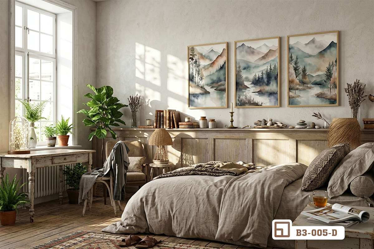 bộ tranh phong cảnh núi rừng góc nhìn cận cảnh không gian ấm cúng Góc nhìn cận cảnh bộ tranh phong cảnh núi rừng điểm tô cho căn phòng mang phong cách thiết kế mộc mạc và gần gũi thiên nhiên