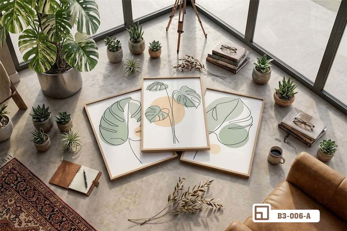 tranh lá monstera nghệ thuật đặt sàn góc phòng ngập tràn cây xanh tự nhiên Các bức tranh lá monstera nghệ thuật sắp xếp tự do dưới sàn nhà góc phòng khách nhiều cây xanh