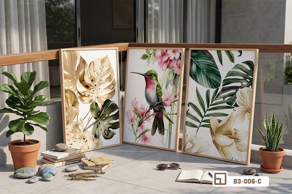 bộ ba tranh lá cây nhiệt đới treo phía trên giường ngủ căn hộ hiện đại Bộ ba tranh lá cây nhiệt đới treo trang trọng phía trên vách đầu giường ngủ căn hộ chung cư
