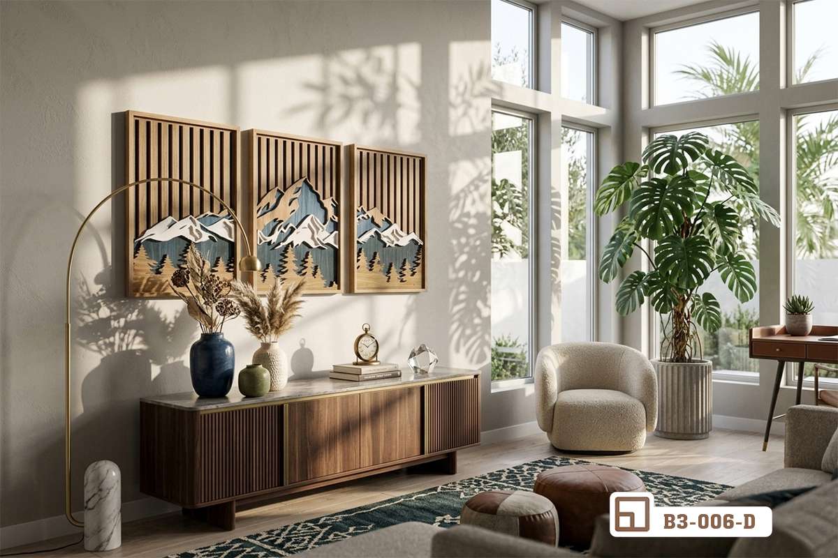 bộ tranh phong cảnh 3d khung gỗ tự nhiên cao cấp phòng khách Bộ ba tranh phong cảnh 3d khung gỗ tự nhiên cao cấp bố trí trang nhã trong không gian phòng khách hiện đại ngập tràn ánh nắng