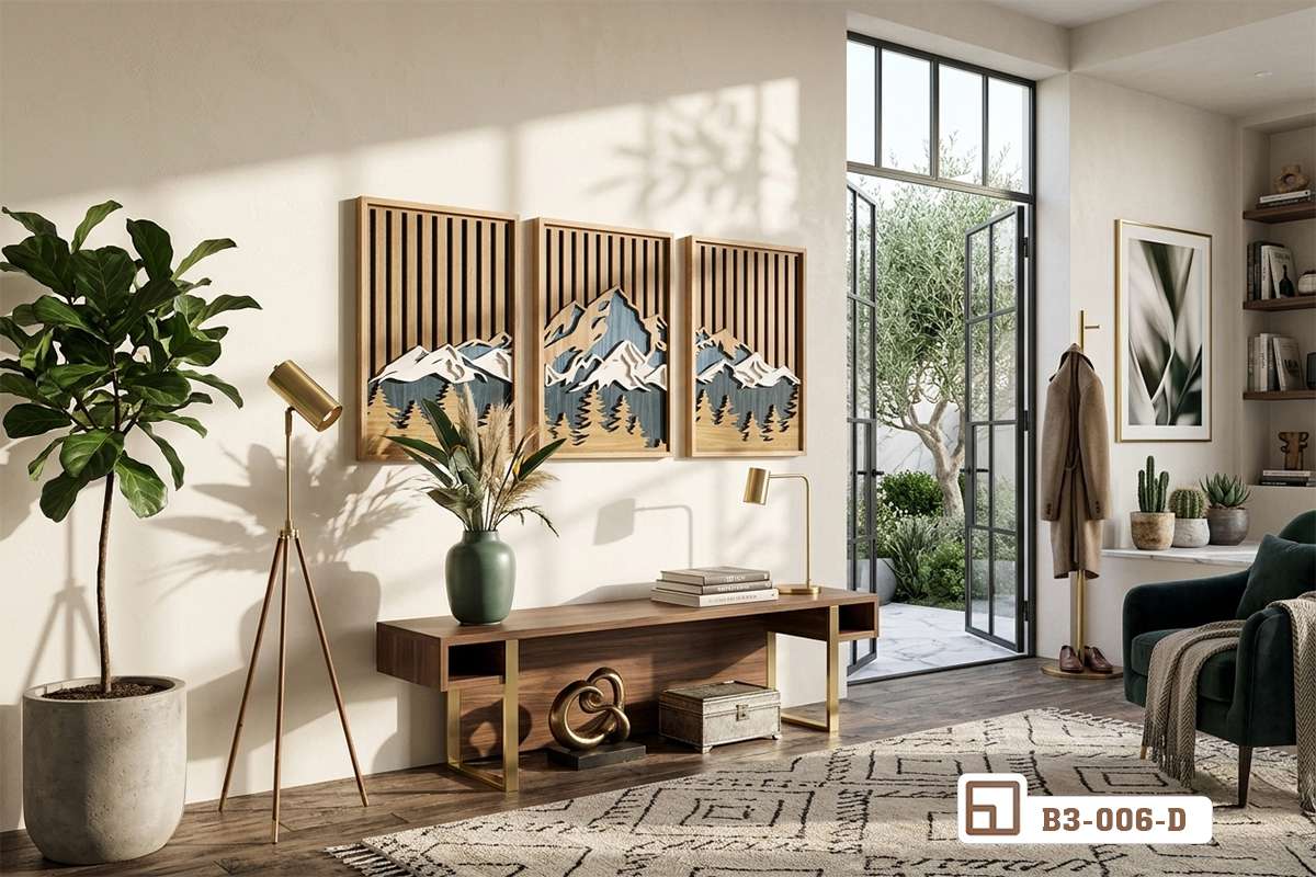 bộ tranh phong cảnh 3d góc nhìn mở rộng không gian xanh Bộ tranh phong cảnh 3d mang góc nhìn mở rộng ra khu vườn xanh mát qua lối đi cửa kính thoáng đãng và tràn đầy sức sống