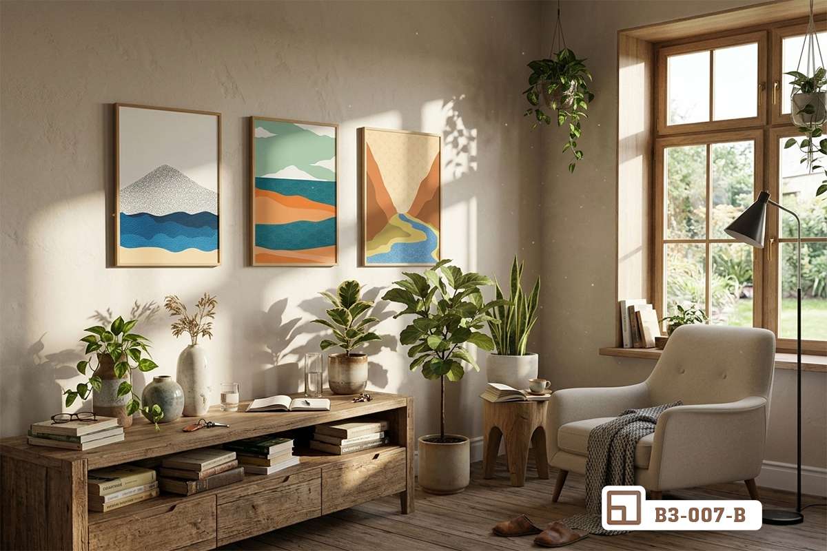 bộ tranh phong cảnh biển treo tường phòng khách ấm áp Bộ tranh canvas phong cảnh biển treo gọn gàng trên bức tường gỗ màu ấm của phòng khách hiện đại