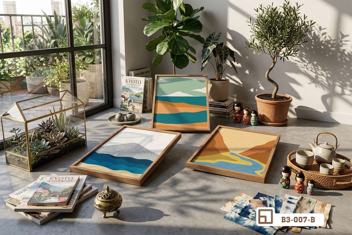 tranh phong cảnh biển trưng bày bàn trà phòng khách sáng Bộ tranh canvas phong cảnh biển đặt trên bàn trà gỗ nhỏ gọn giữa không gian phòng khách sáng sủa