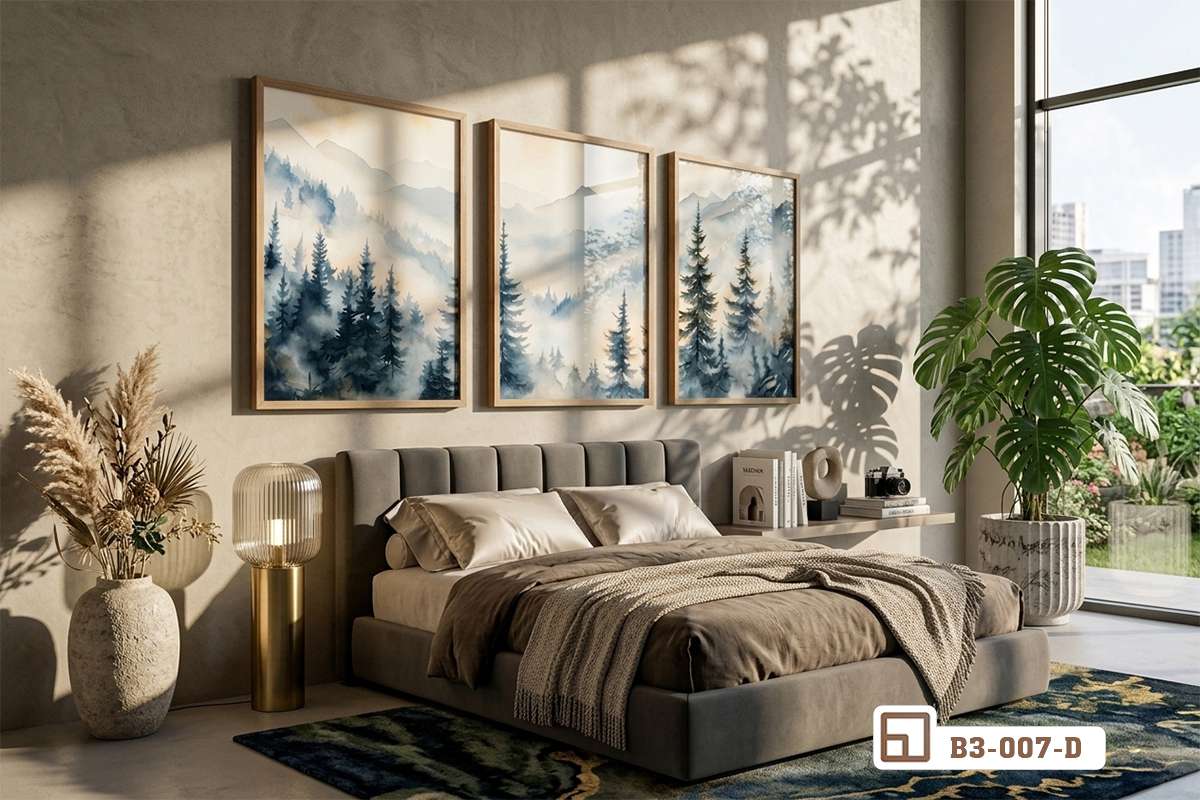 bo tranh rung thong phong ngu cao cap Bộ tranh rừng thông sương mù trang trí phòng ngủ cao cấp ấm áp và thư thái